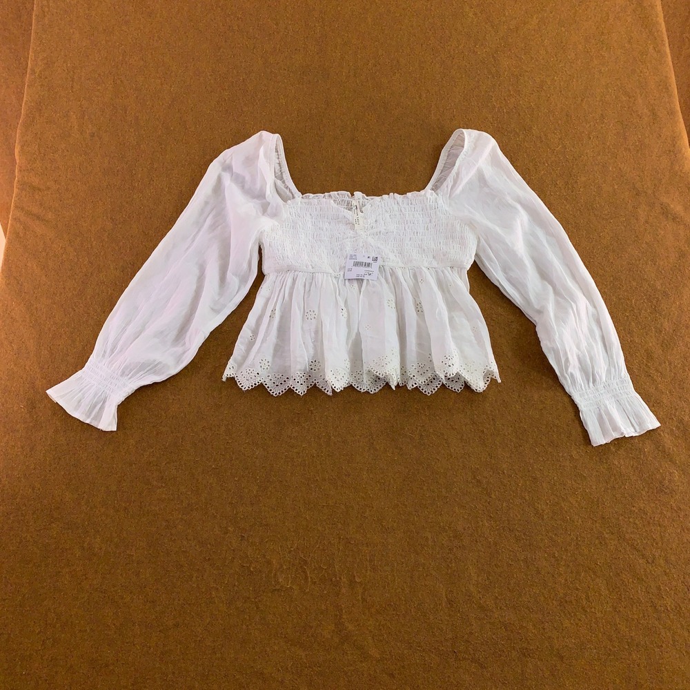 American Eagle Womens Medium White Eyelet Smocked Peplum Blouse NWT
